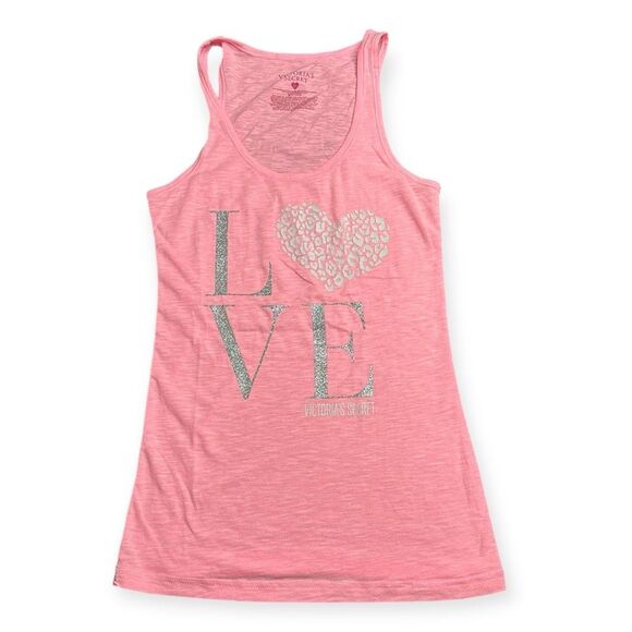 VICTORIA’S SECRET Women’s Pink Silver Glitter LOVE Racerback Tank Top Size Small - Picture 1 of 4